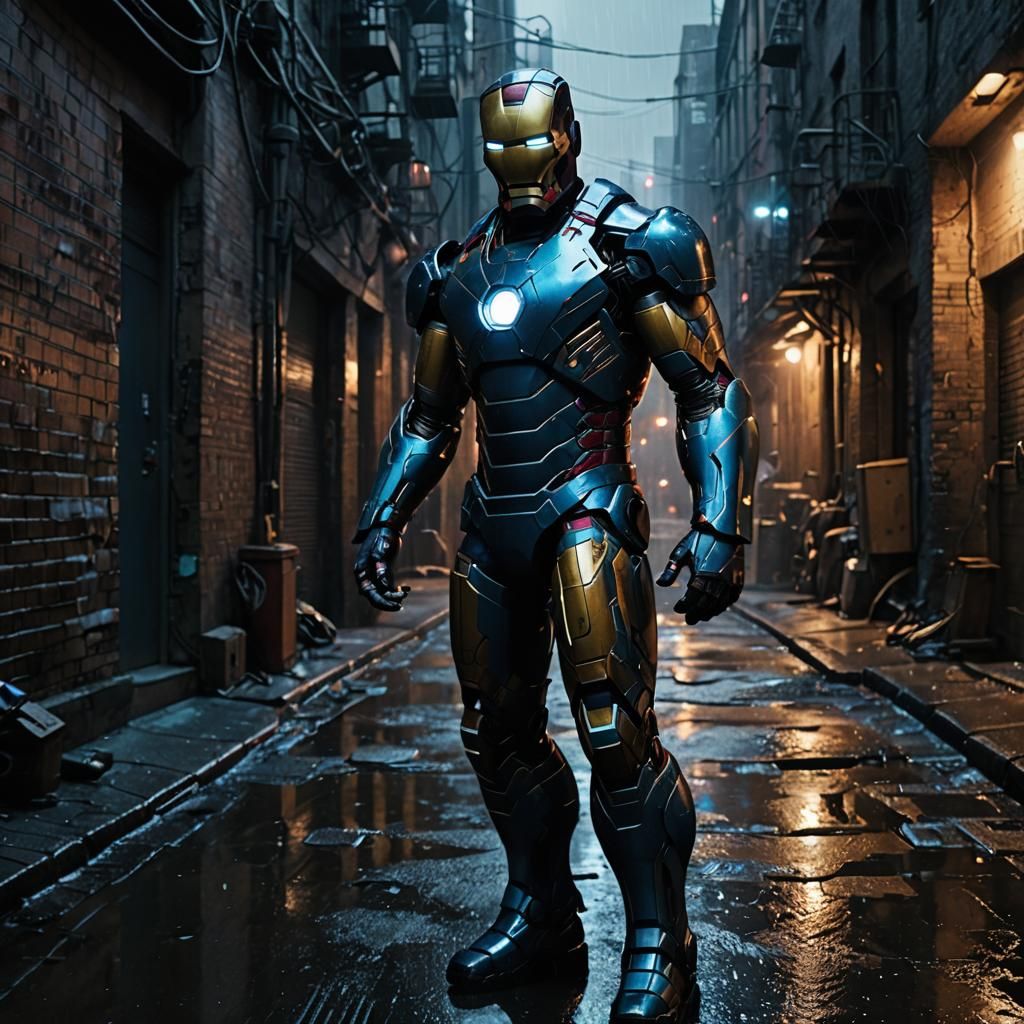 Iron Man in Gritty Alleyway with Infinity Gloves