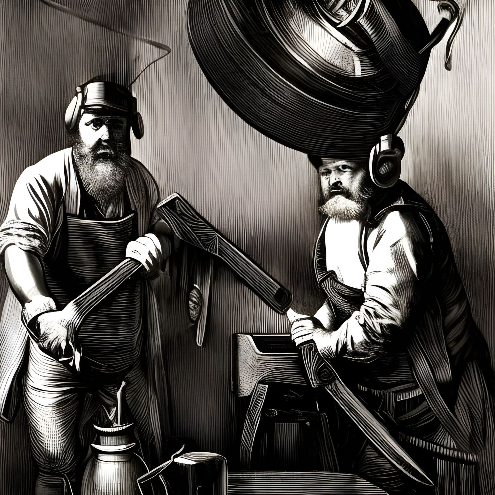 18th Century Workers Forging Scissors: Linocut Style