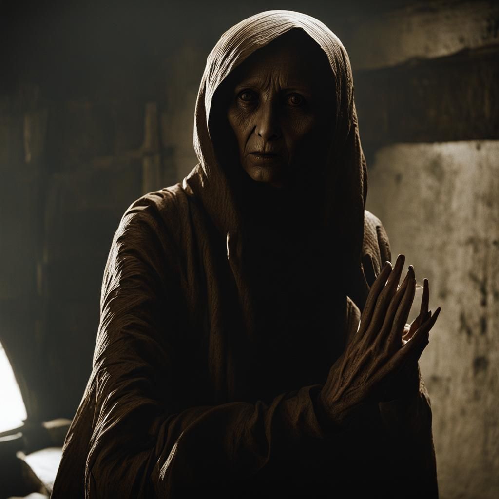 Dramatic Film Still of a Blind Woman with Scars