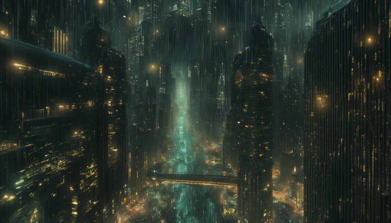 City in Matrix Rain: Hyperdetailed Splash Art
