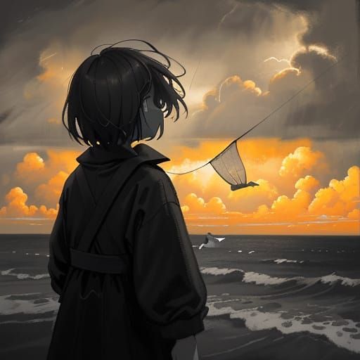 Oil Painting of Kite Struggle in Stormy Skies