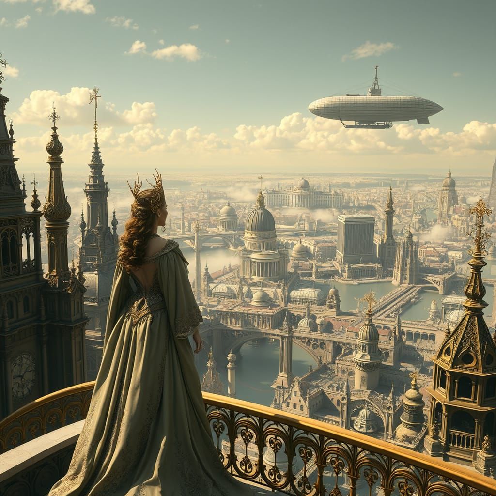 Queen Overlooks Steampunk Metropolis With Airship