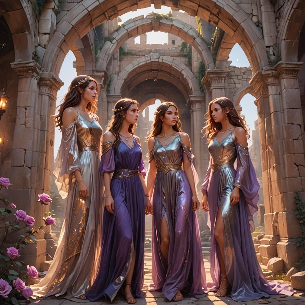 Fantasy Girls in Billowing Dresses by Ruined Archway