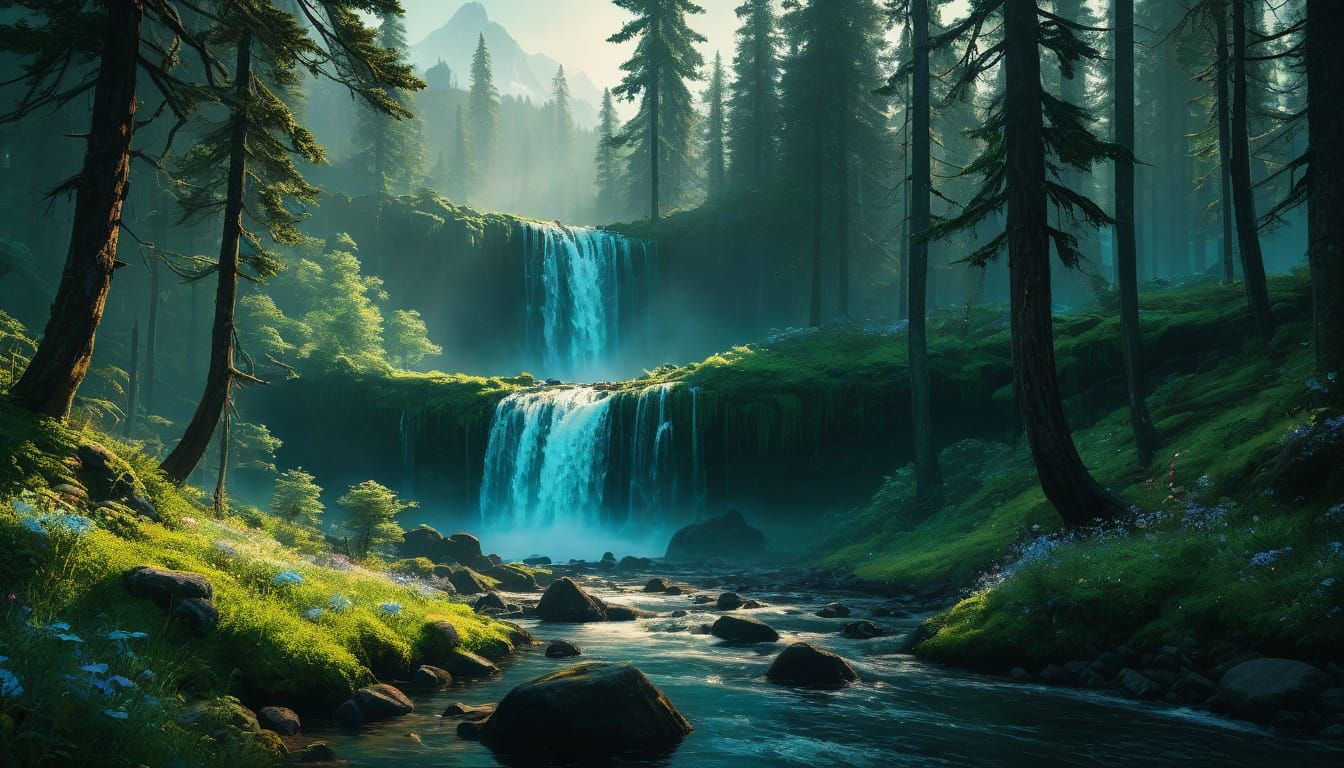 Misty Woods Hot Springs with Waterfall and Wildflowers