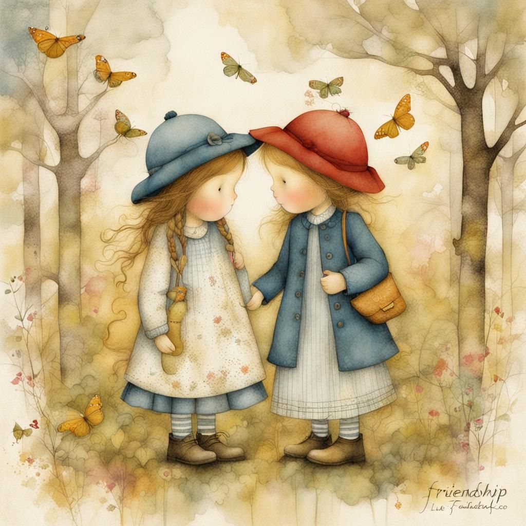 Vintage Friendship Illustration in Storybook Style