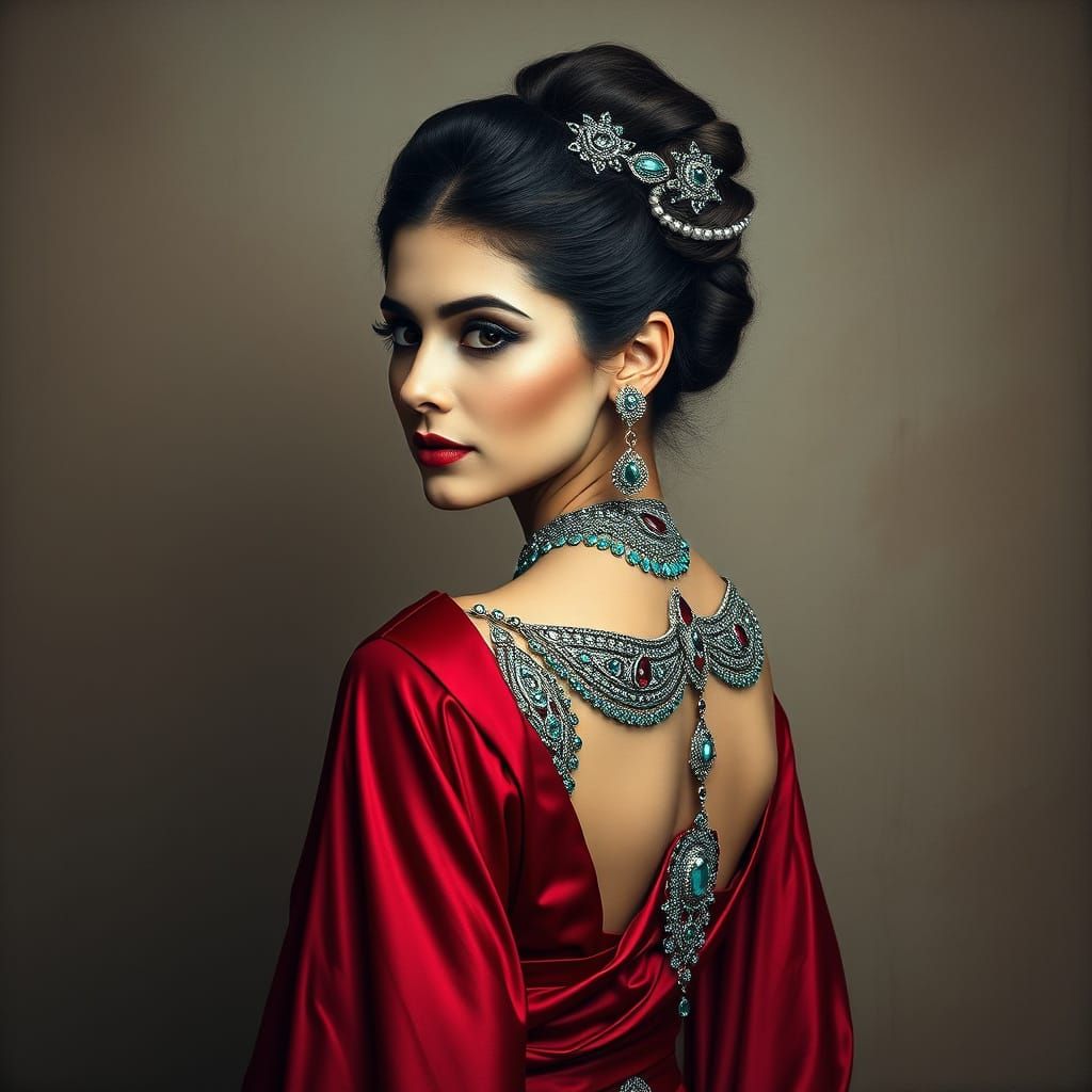 Regal Woman in Red Gown with Gemstones