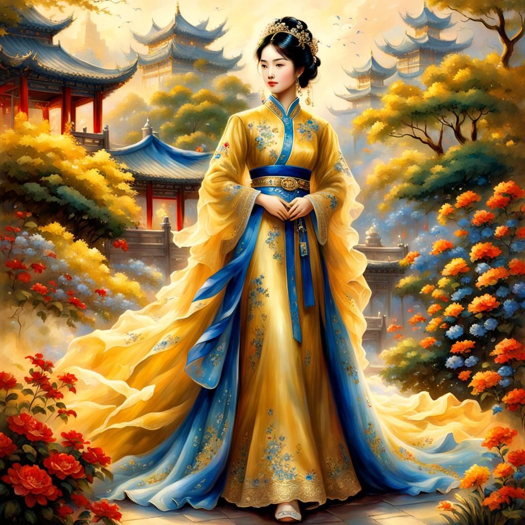 Chinese Princess in Garden with Phoenix, Ethereal Style