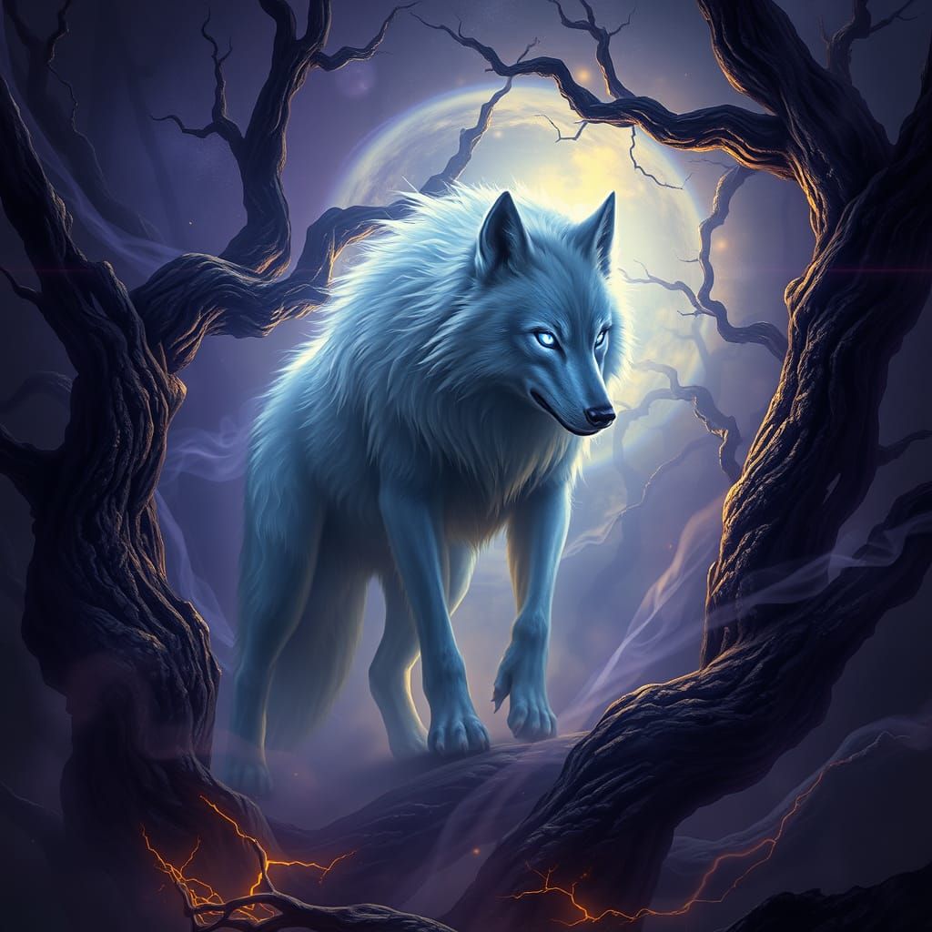 Spectral Wolf Emerges from Haunted Forest in Dark Fantasy St...