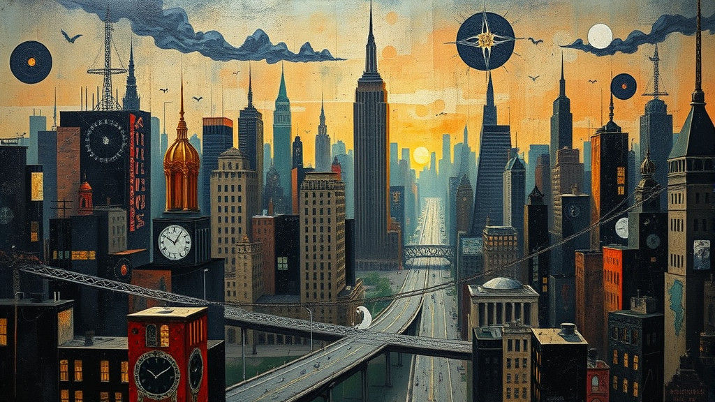 Dystopian U.S. Cityscape in Impasto Surrealist Style