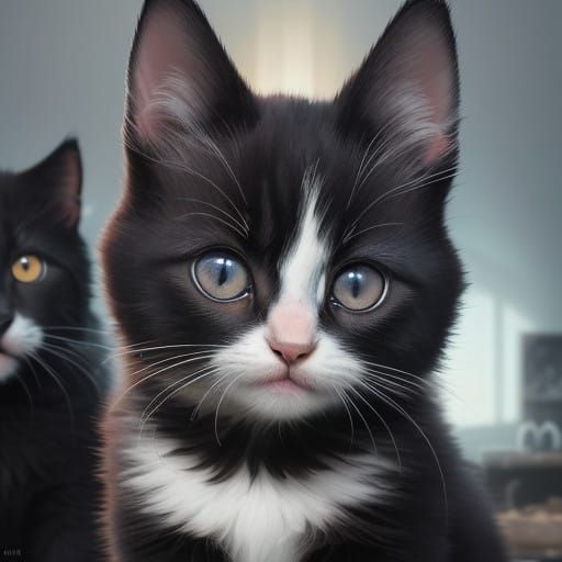 Surreal Hyperrealistic Black and White Kittens in Vibrant Dr...