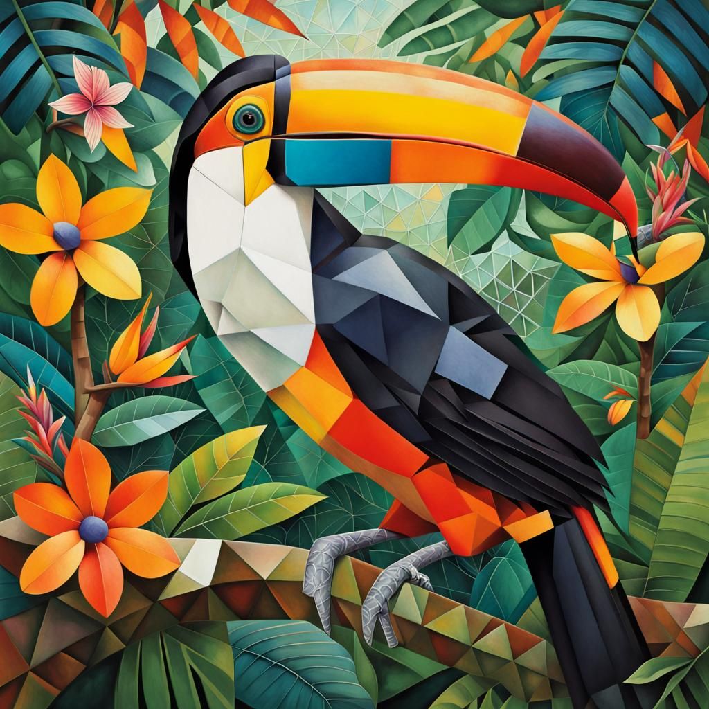 Cubist Toucan in Rainforest, Inspired by Braque
