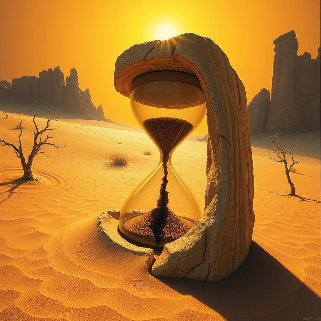 Surreal Desert Landscape with Ancient Sandstone Hourglass