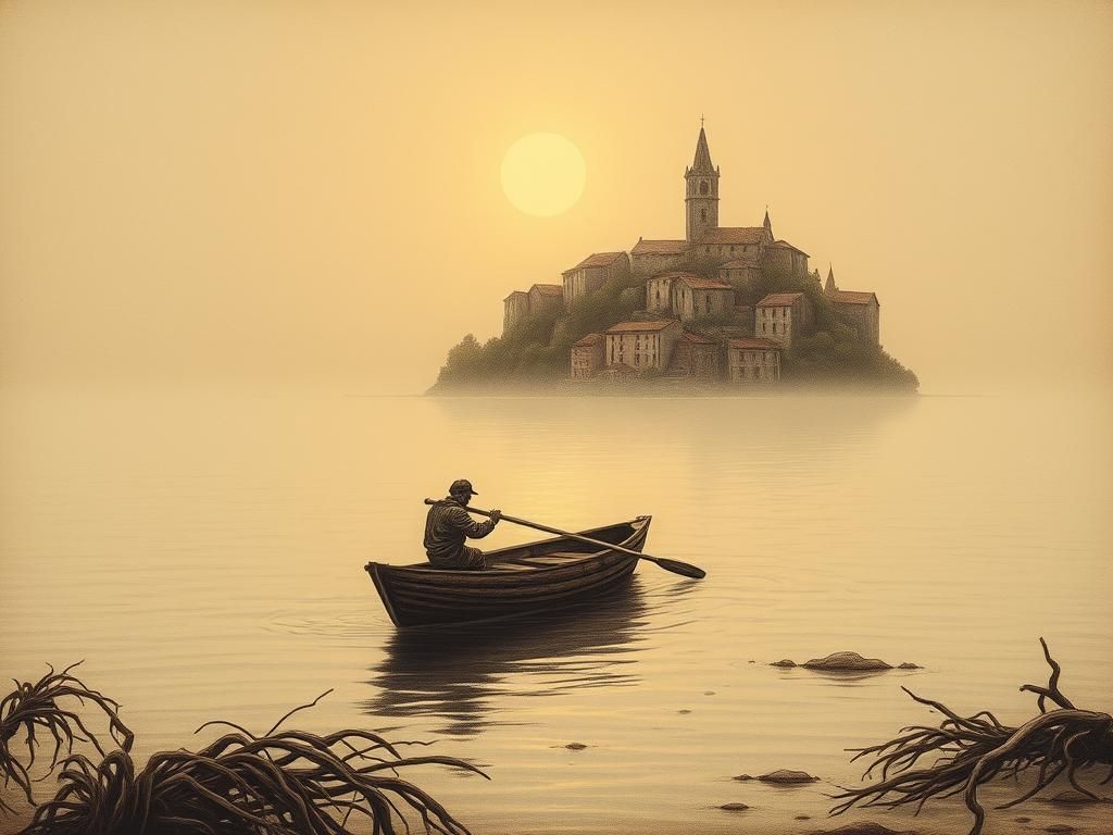 Fisherman at Dawn: Etching and Aquatint of Medieval Port