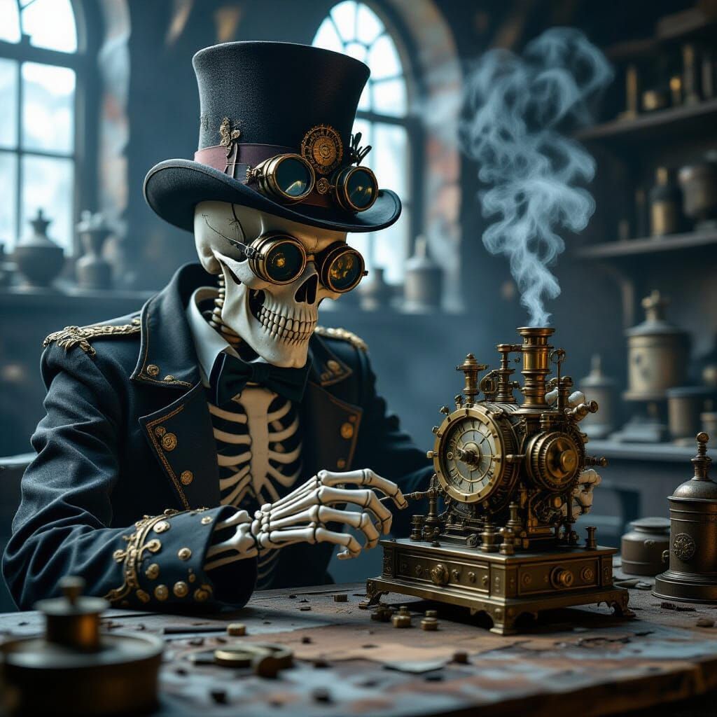Skeleton Tinkering with Clockwork in Steampunk Style