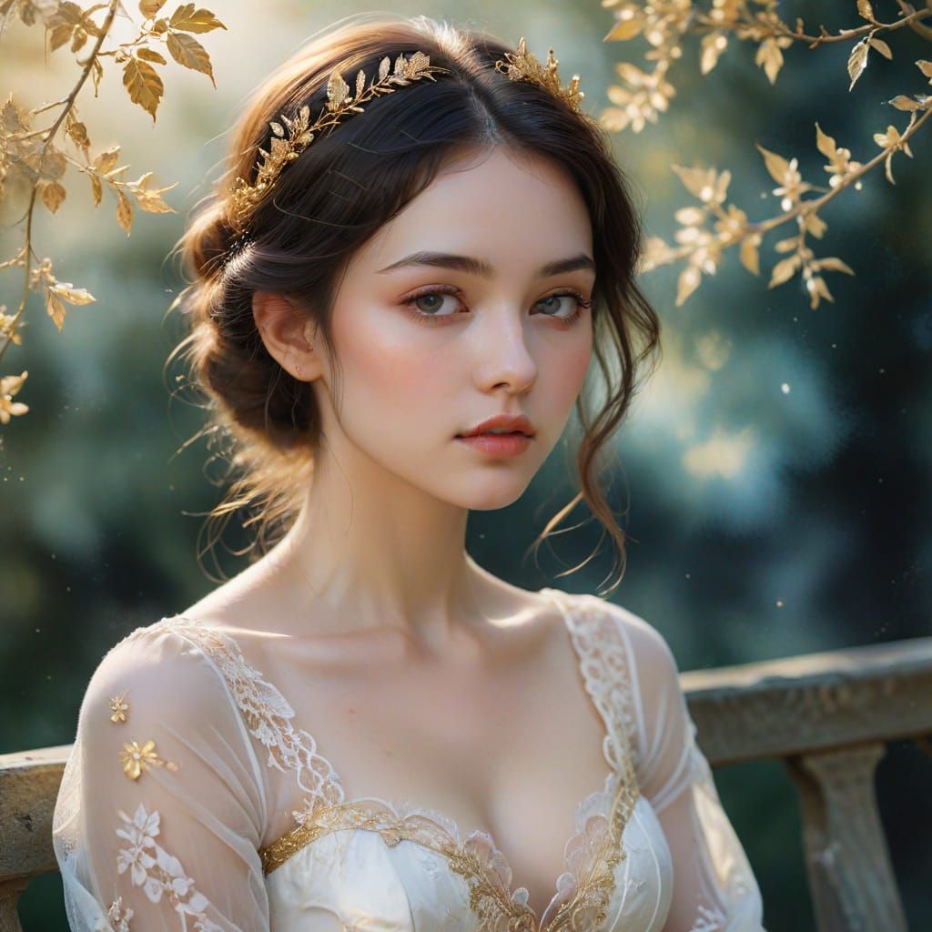 Dreamy Watercolor Portrait of a Lady in Ethereal Landscape