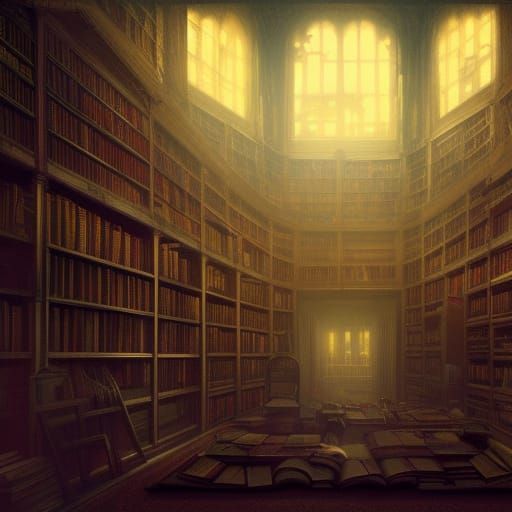 Haunted library. Books. Dark, primary colors. Frightening.