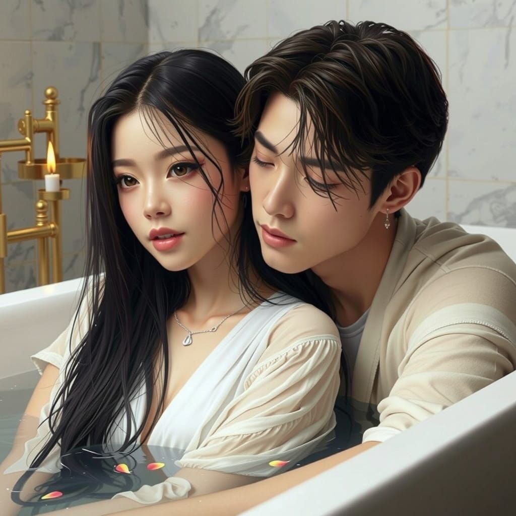 Anime Couple in Serene, Candlelit Bathtub