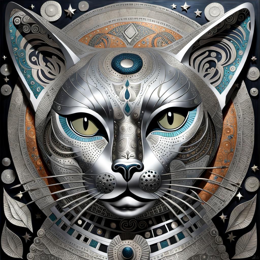 Whimsical Silver Cat Poster Art in 3D