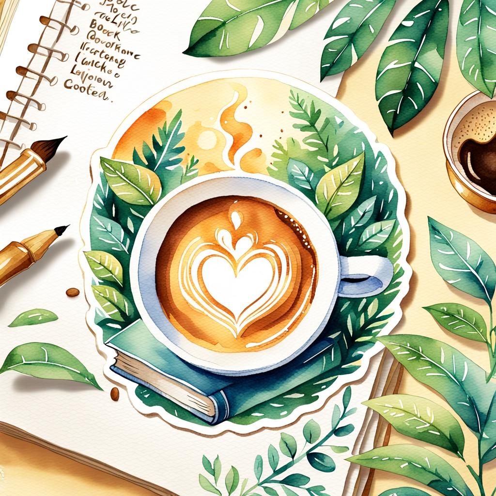 Watercolor Coffee Cup and Book Sticker