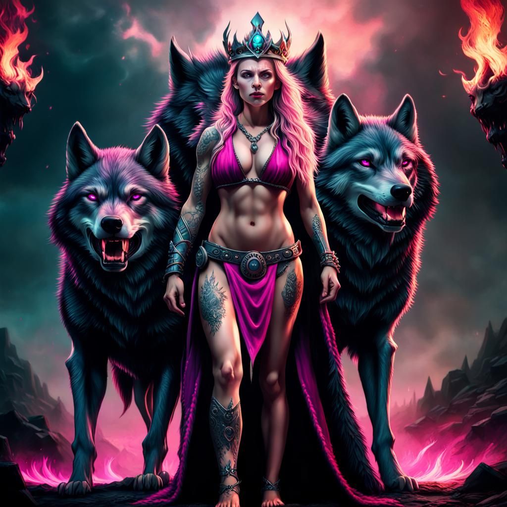 Viking Queen with Magenta Flames, Digital Art