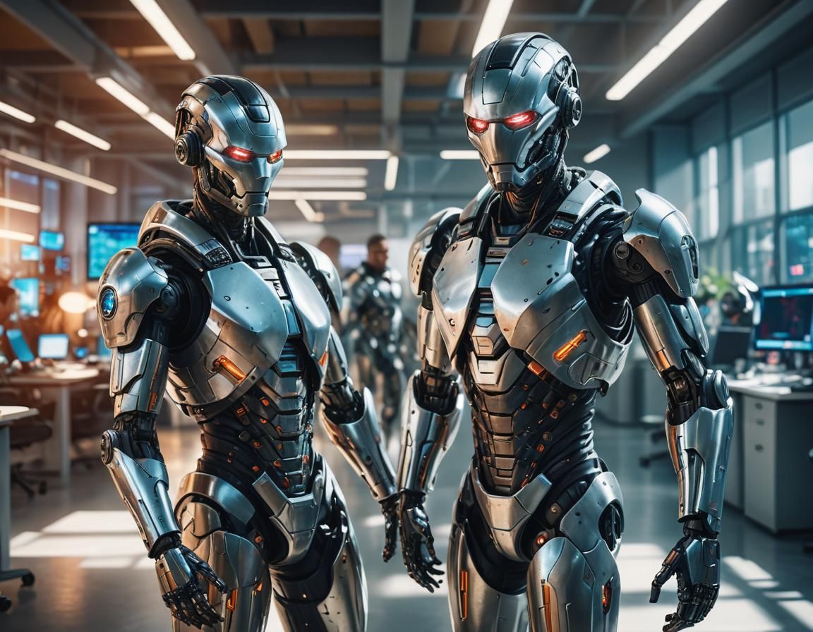 Friendly Cyborgs Collaborate in Bright Sci-Fi Office