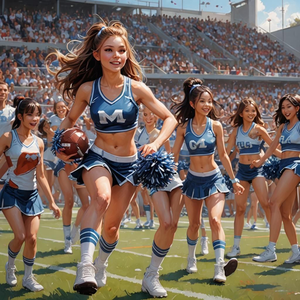 Mischievous Cheerleader with Flirty Eyes on Football Field