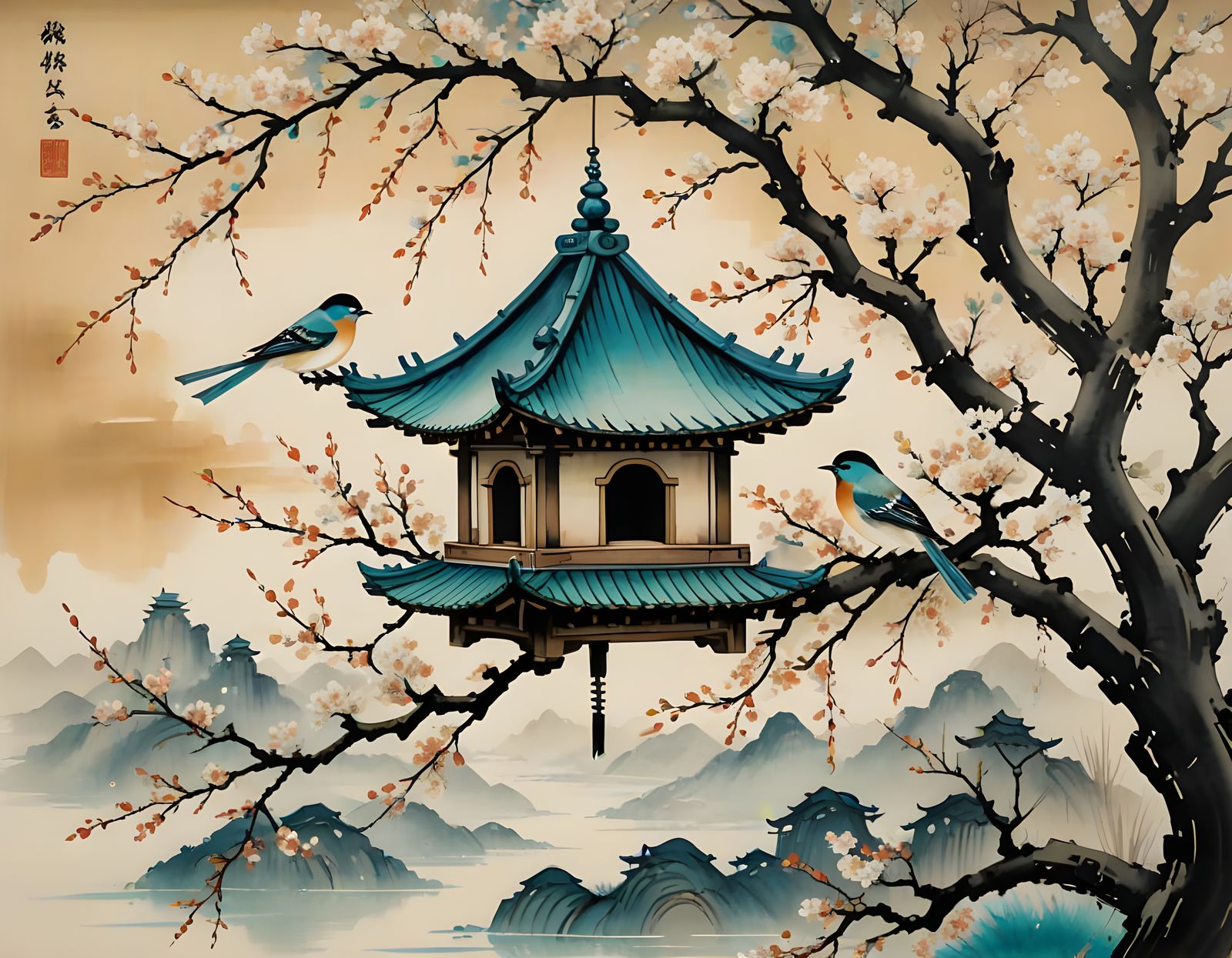 Sakura Birdhouse: Chinese Ink Painting in Indigo Hues