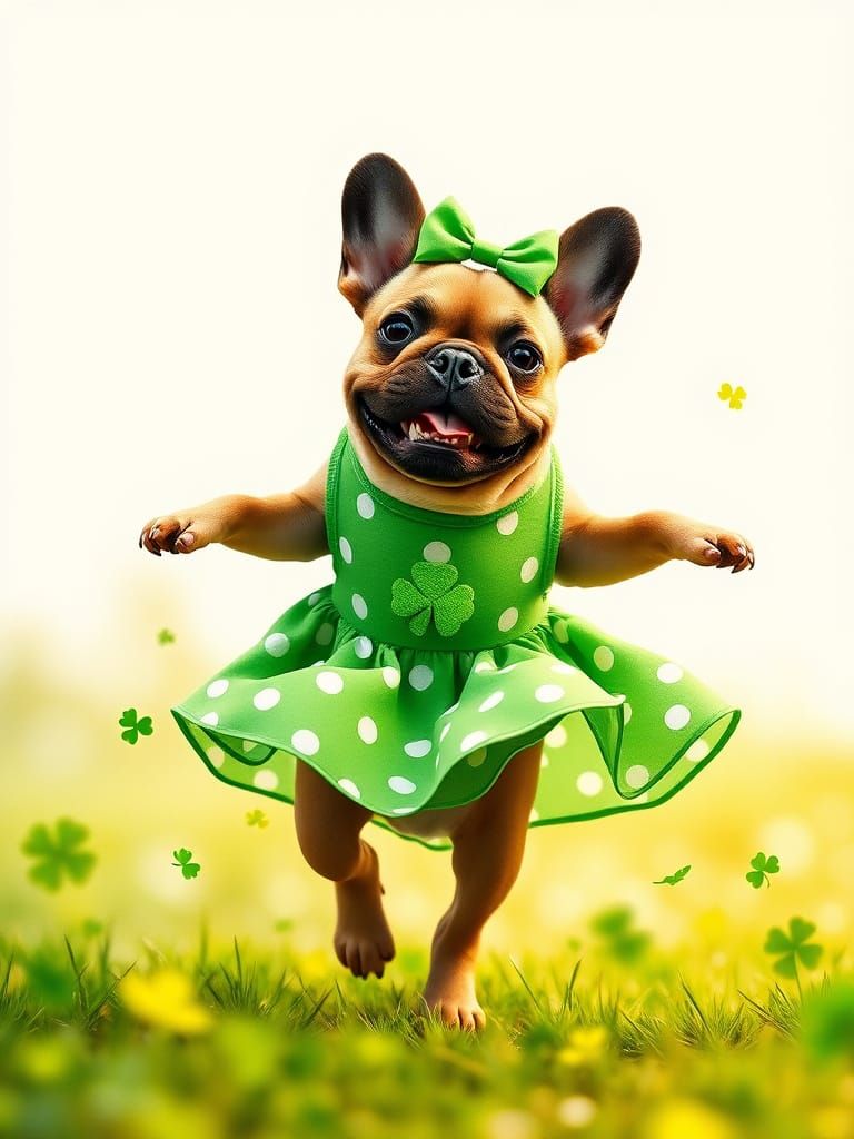 Whimsical French Bulldog Dances in a Dreamy, Green Landscape
