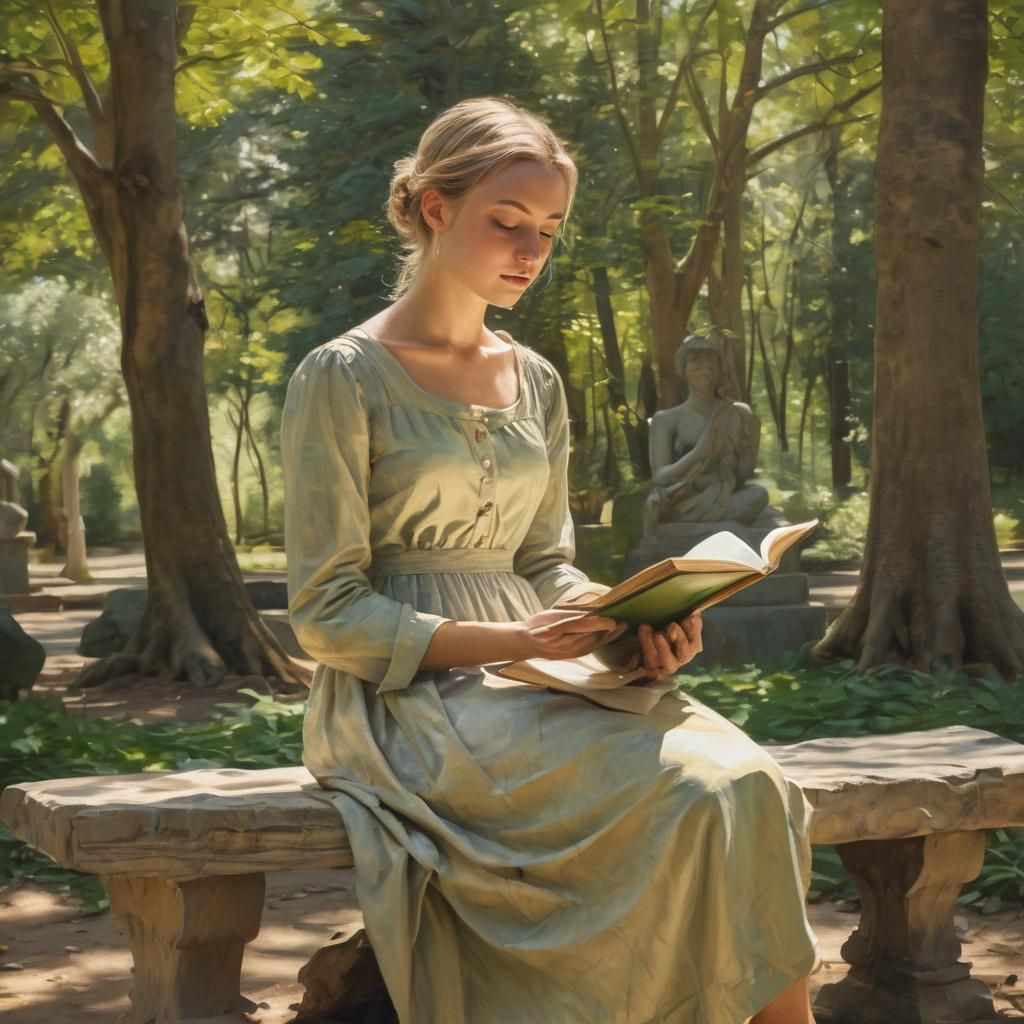 Woman Sketching in Park: Whimsical Oil Painting