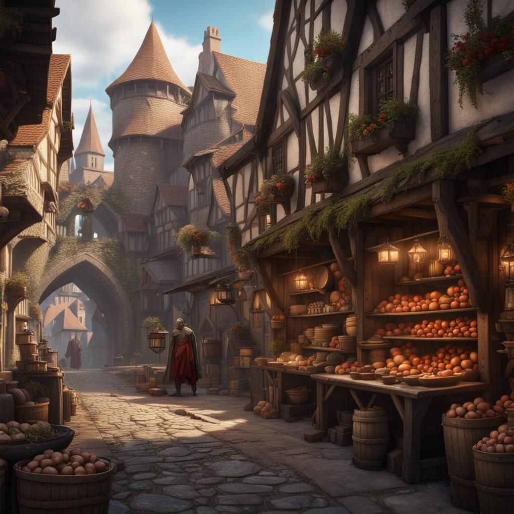 Medieval Town Market with Knight in Fantasy Art Style