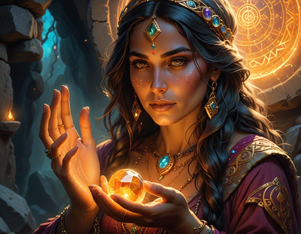 Magical Gypsy Woman with Glowing Stone: Fantasy Art