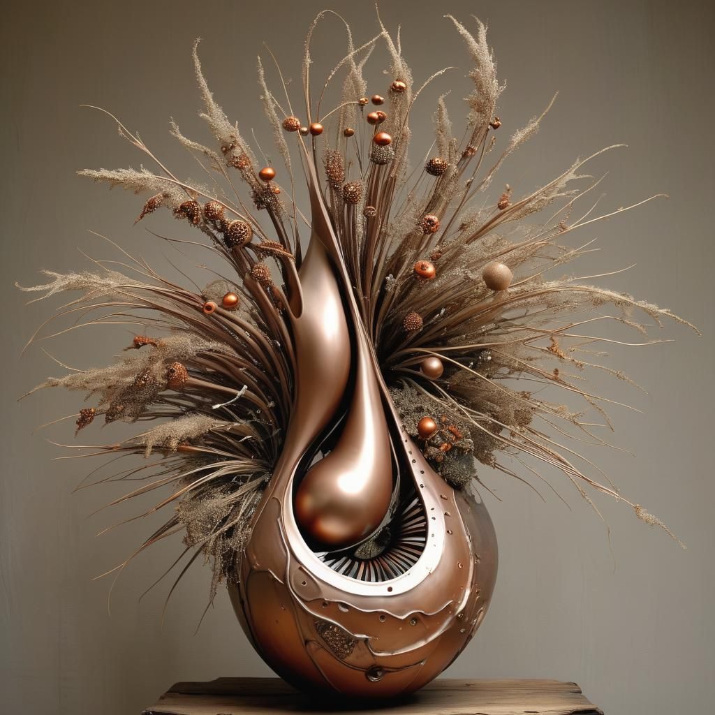Intricate Postmodern Ikebana Bouquet with Copper Accents