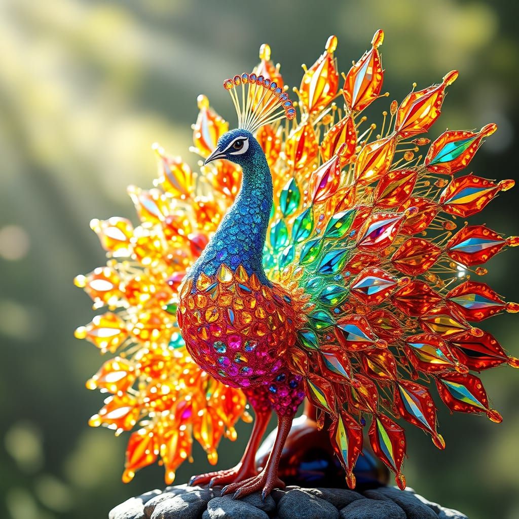 A majestic peacock made entirely of shimmering crystals and ...