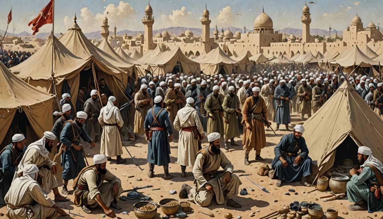 Muslim Warriors Prepare for Battle: Retro Oil Painting