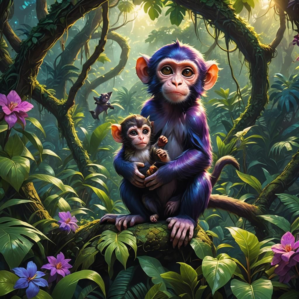 Monkey and Kitten in Jungle, Oil Painting Style
