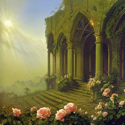 Sunlit Ruins with Roses in Fantasy Style