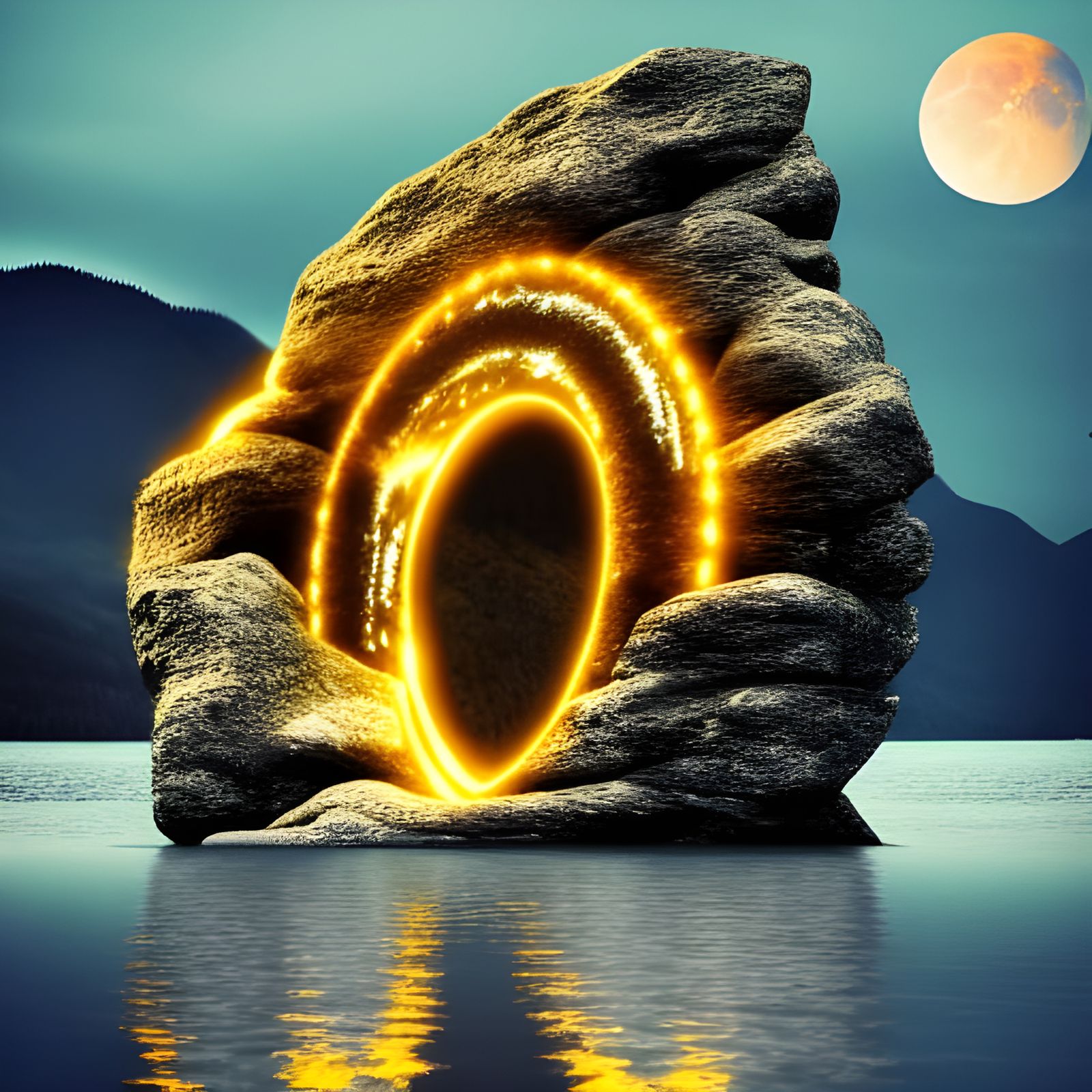 Golden Portal in Mountain Lake at Dawn