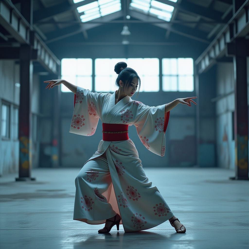 Ethereal Dancer in Abandoned Factory, Atmospheric Photo