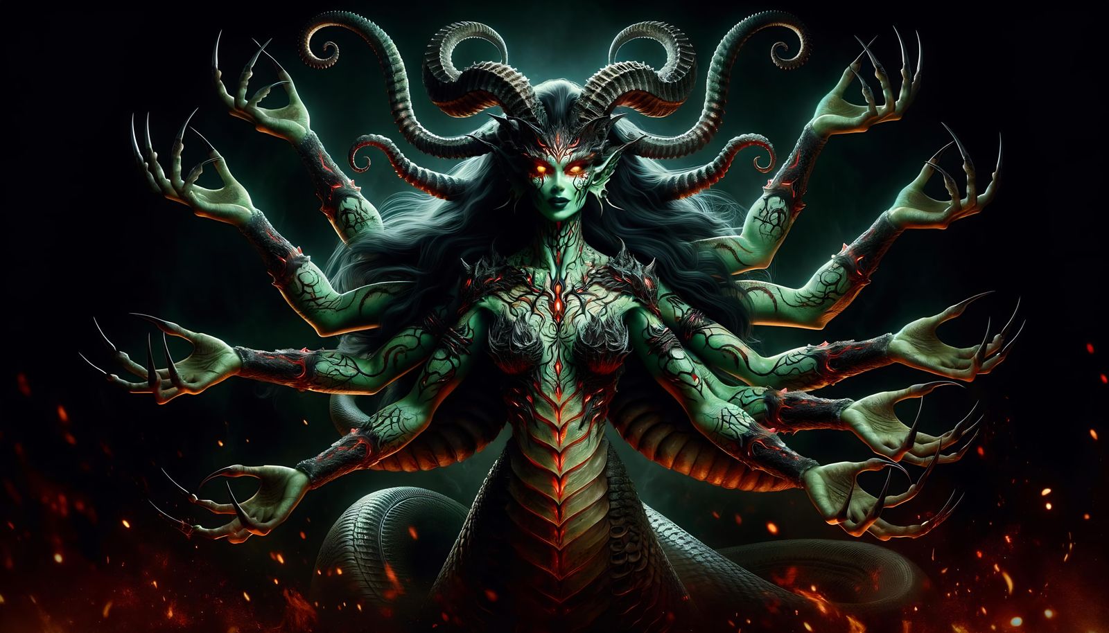 Marilith Demon in Gloomy Dark Fantasy Landscape