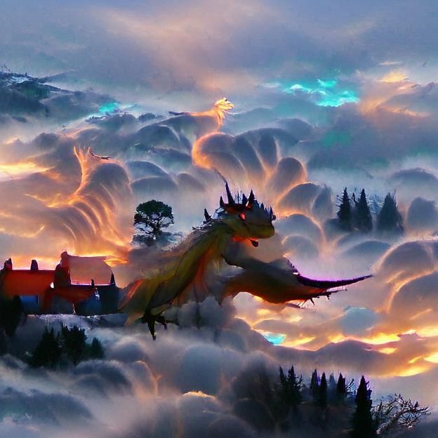 Dragon Rising Above Forest Village at Sunset