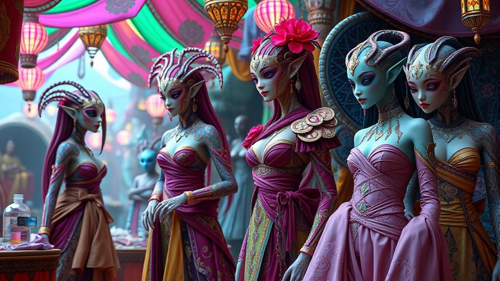 Alien Market with Merchants and Exotic Humans