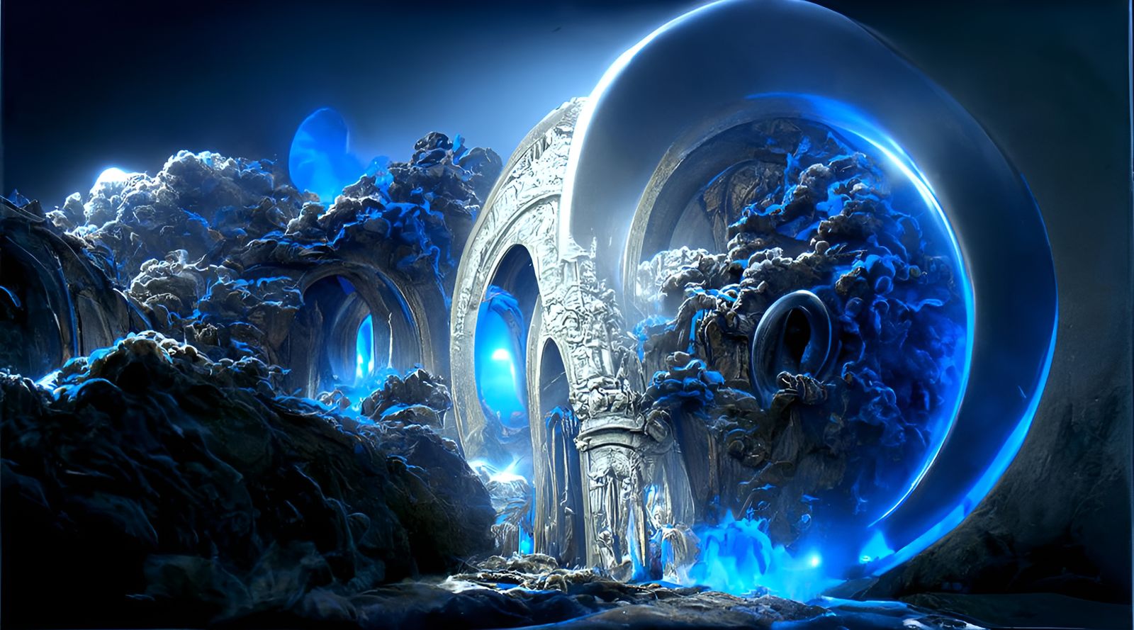 Art Nouveau Portal with Blue Flames Digital Painting