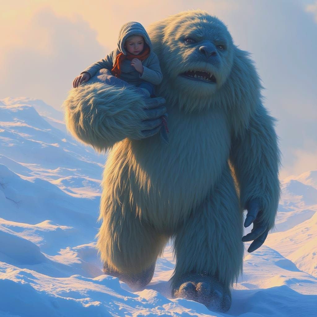 Yeti and Child in Snowy Landscape: Fantasy Concept Art