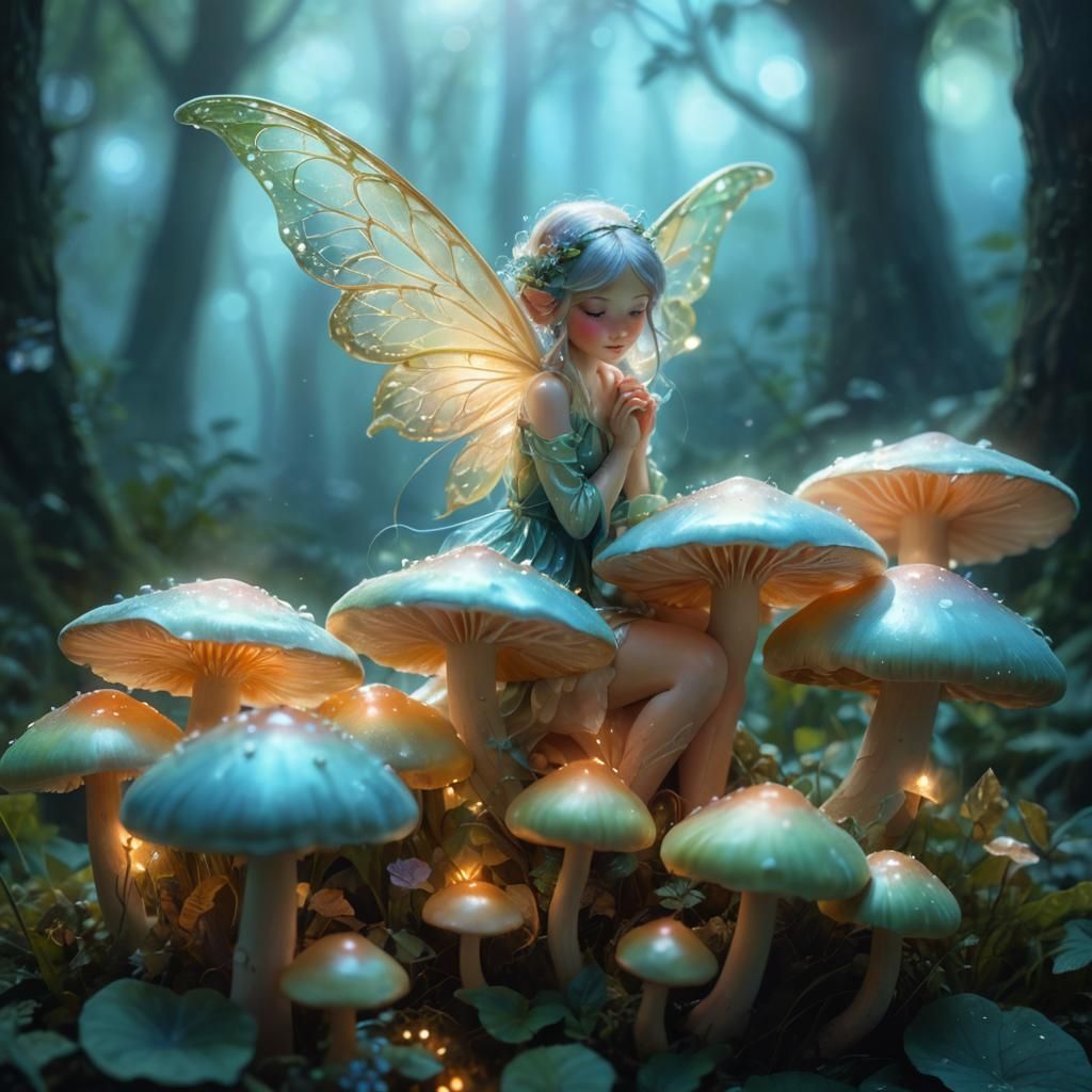 Glowing Mushroom Fairy in Lush Forest Illustration