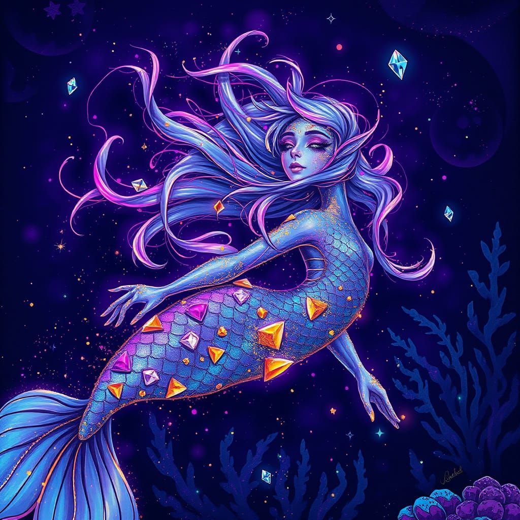 Mermaid in Vibrant Ocean Depths, Iridescent Scales, Glitteri...
