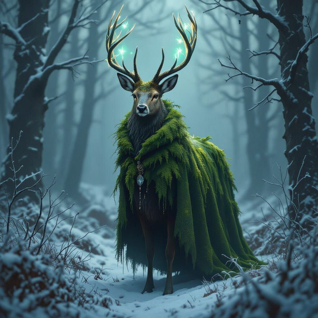Mystical Deer in Winter Forest, Ethereal Lighting