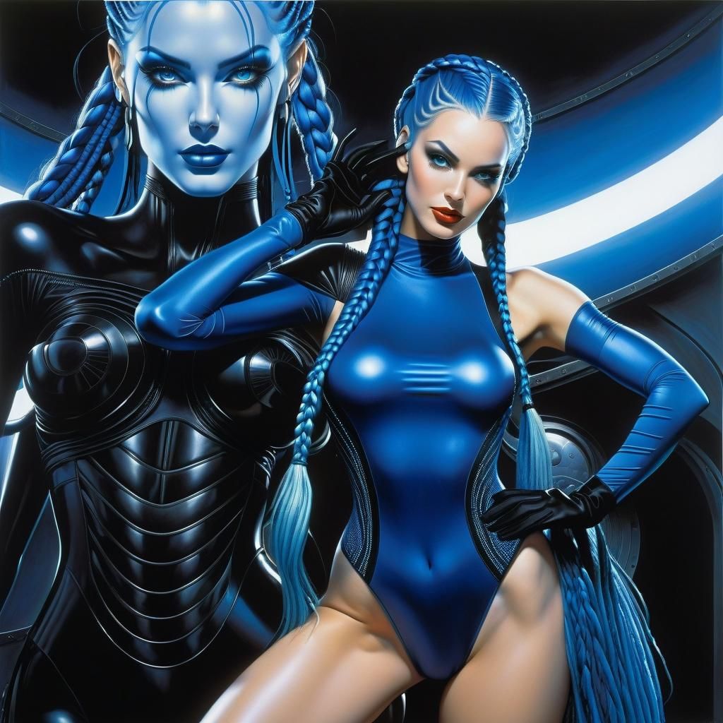 Futuristic Blue-Haired Woman in Vibrant Detail