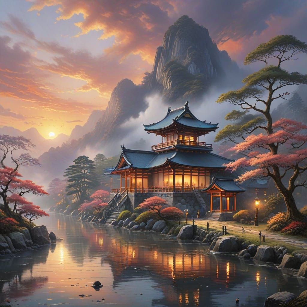 Japanese Temple at Ethereal Sunset - Watercolor Matte Painti...