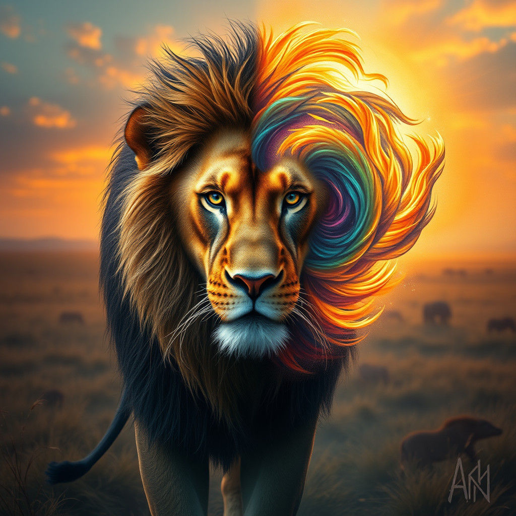 Lion in Photorealism and Oil Painting Style