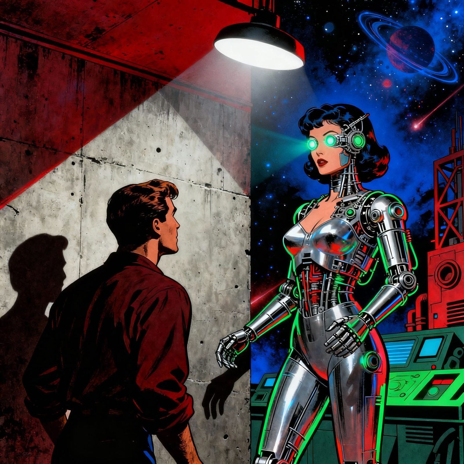 Man Meets Cyborg Woman in Retro Sci-Fi Pulp Style